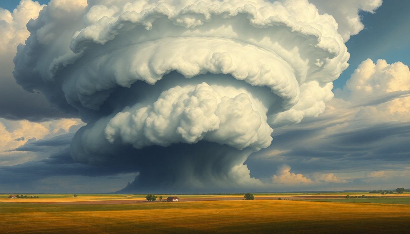 A vast, atmospheric landscape painting depicting a massive, swirling funnel cloud dominating the skyline over a rural Midwestern field, conveying the overwhelming power of nature.