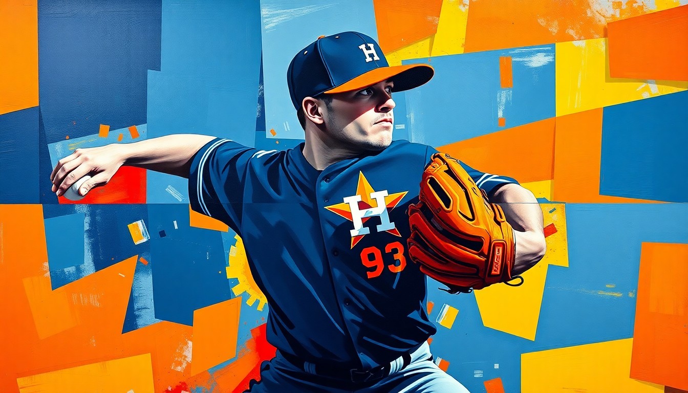 A fractured, multi-perspective painting depicting the geometric shapes and planes of a baseball pitcher's windup and delivery, rendered in the vibrant colors of the Houston Astros' team palette.