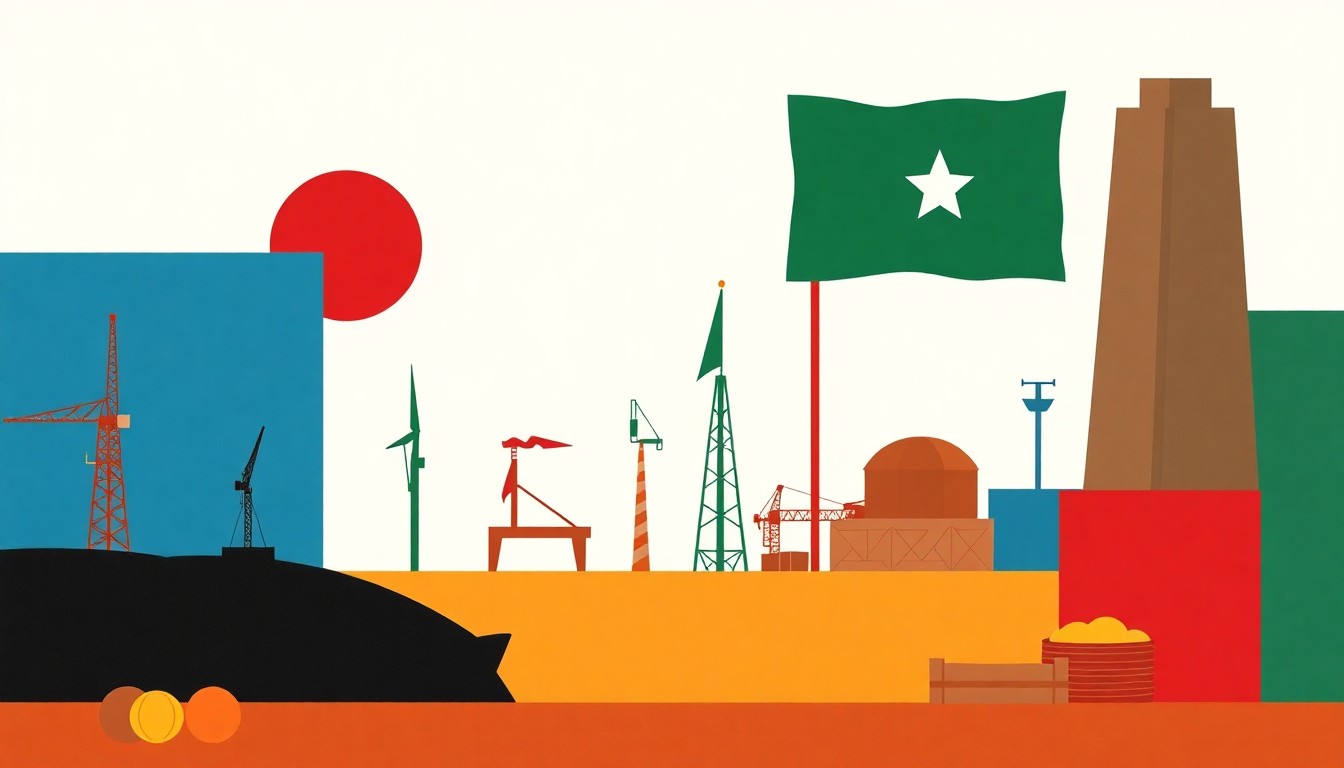 A geometric abstract illustration featuring intersecting triangles and rectangles in shades of blue, red, and yellow, conceptually representing the economic impact of global crises on a developing nation's economy.