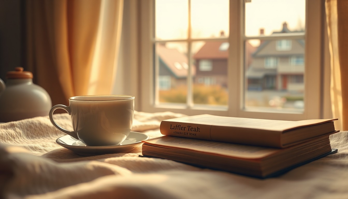 A blurred, impressionistic photograph in soft, earthy tones depicting a cozy, intimate domestic scene, conveying a sense of nostalgia and the comforting presence of a beloved figure.