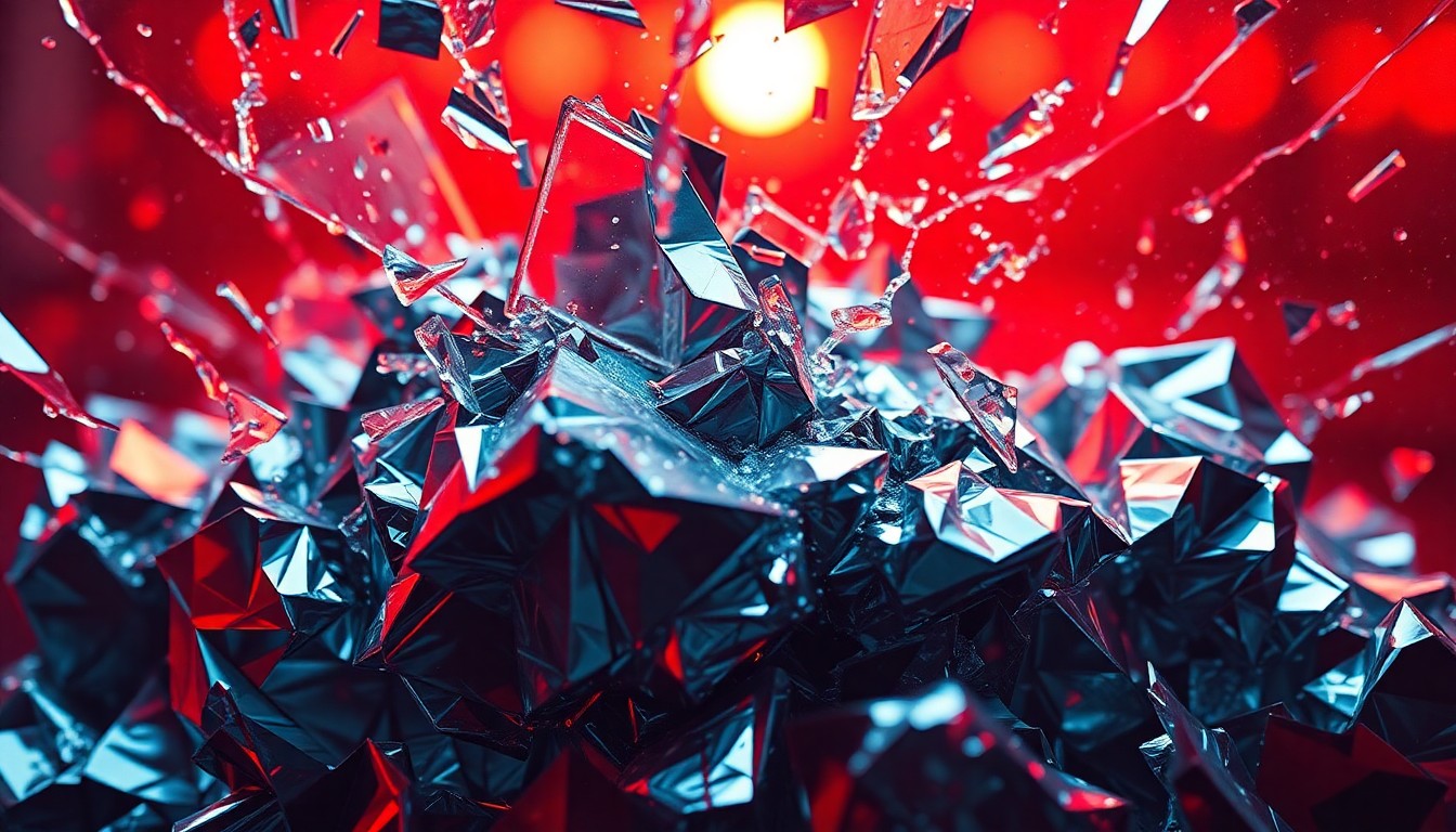 An abstract close-up image featuring shattered glass and crumpled metallic foil, creating a visually striking and conceptual representation of the legal troubles facing a reality TV personality.