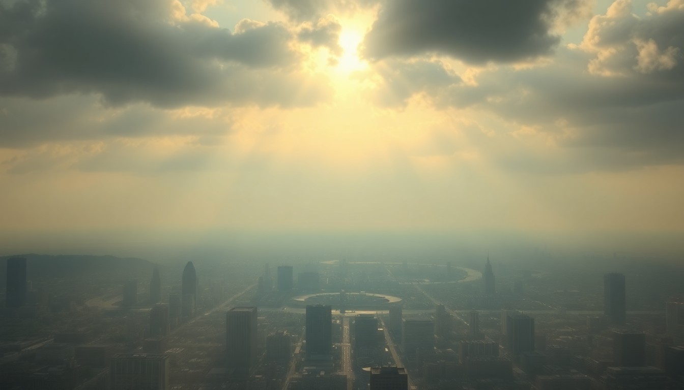 A sweeping, atmospheric landscape painting depicting the hazy, sun-drenched cityscape of Baltimore under a heavy, oppressive sky, using dramatic lighting and deep perspective to convey the overwhelming scale and power of the extreme weather conditions.