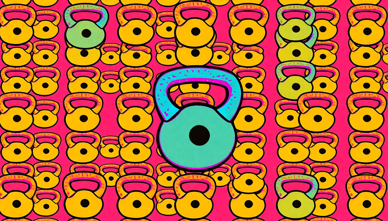 A bold, graphic illustration featuring a repeating pattern of a single, iconic fitness item like a dumbbell or kettlebell, rendered in a high-contrast, neon color palette with heavy black outlines in the style of Andy Warhol's pop art, conceptually representing the modern, energetic atmosphere of the new Crunch Fitness - Madison gym.