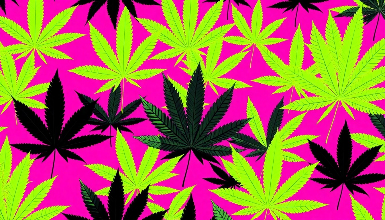 A brightly colored, high-contrast silkscreen print of a cannabis leaf repeated in a tight grid pattern, utilizing flat, vibrant, and unnatural neon color palettes overlapping with heavy black photographic outlines to turn an everyday cannabis product into modern pop art.