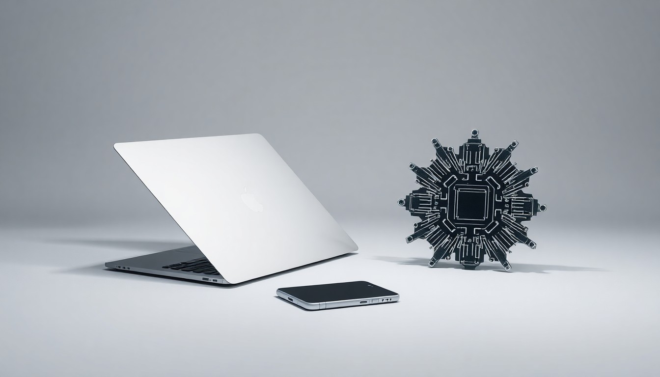 A high-end, photorealistic studio still-life photograph featuring a sleek, geometric laptop computer, a modern smartphone, and a stylized AI circuit board, all arranged elegantly on a clean, monochromatic seamless background. The objects are lit dramatically with sharp shadows, conceptually representing the intersection of traditional and AI-powered digital discovery.