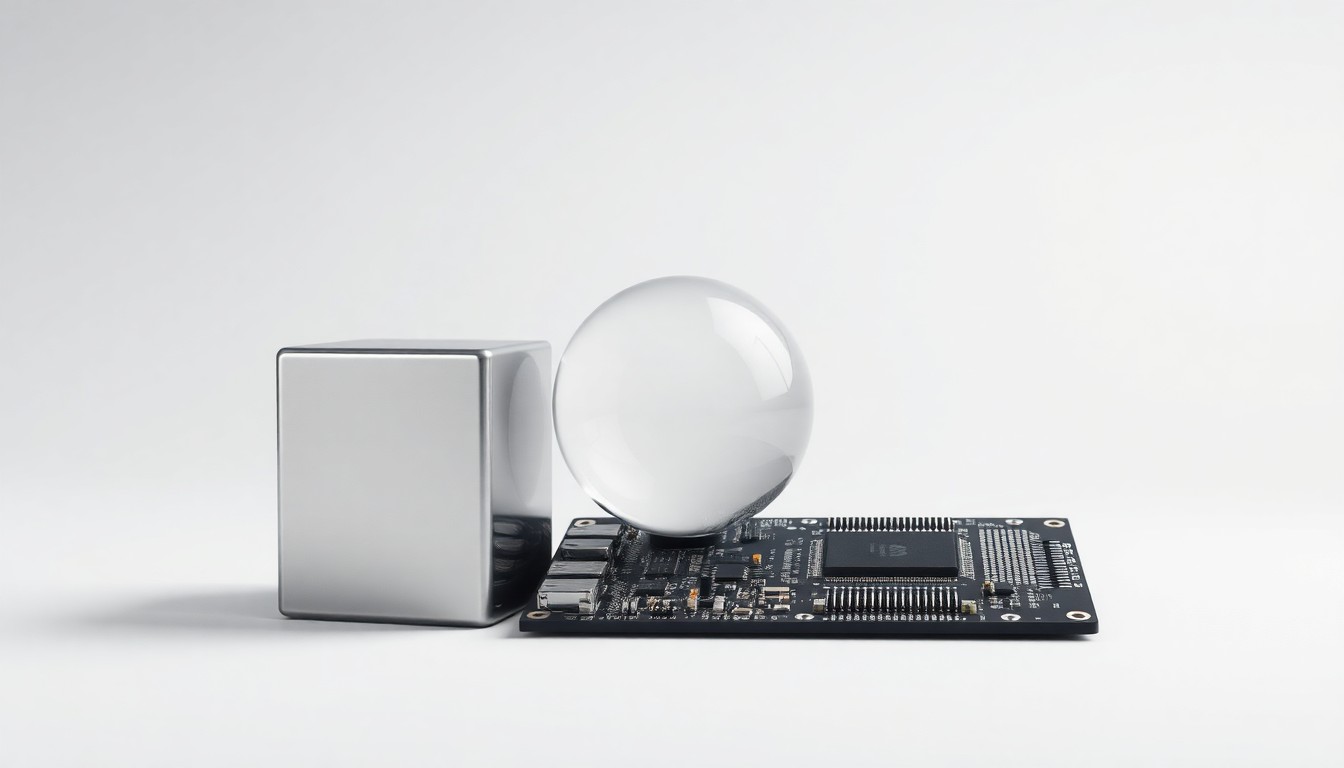 A photorealistic studio still life featuring a polished metal cube, a smooth glass sphere, and a sleek black circuit board, arranged elegantly on a clean, monochromatic background to symbolize the intersection of technology, finance, and the crypto-mining industry.