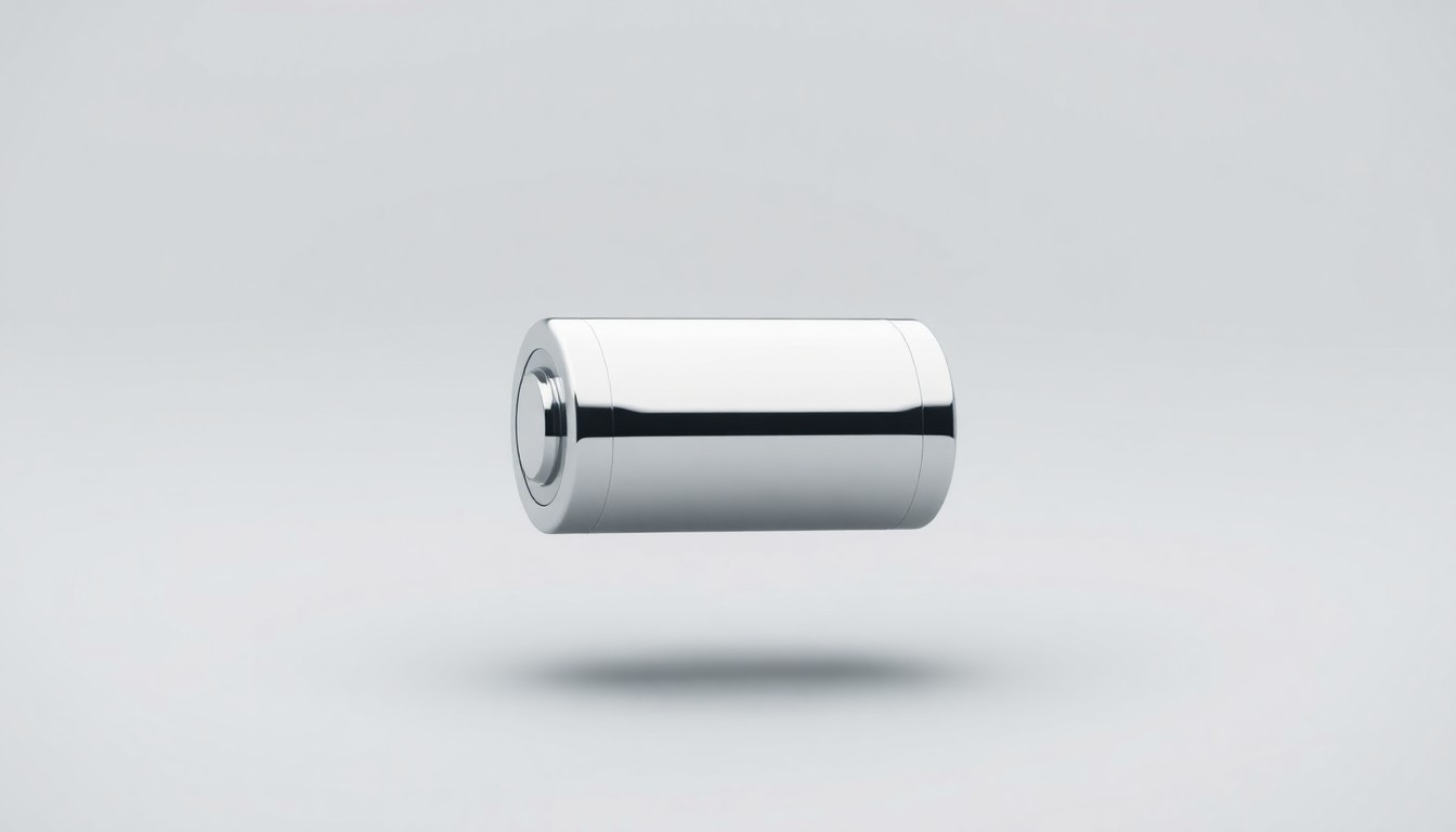 A photorealistic studio still life of a polished, geometric lithium battery cell floating on a clean, monochromatic background, symbolizing the critical role of lithium in the electric vehicle revolution.