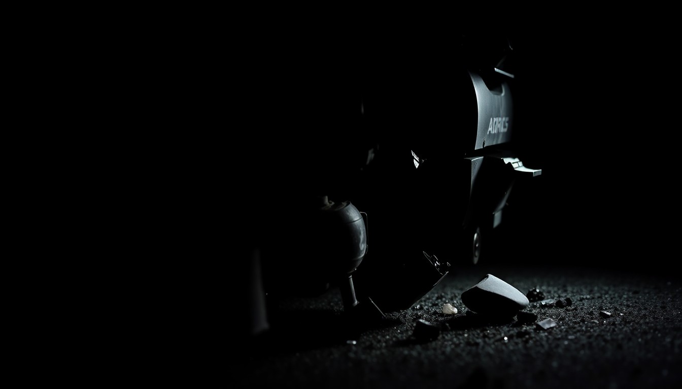 An extreme close-up photograph of a twisted, damaged car part reflecting harsh, direct lighting, conveying the serious and investigative nature of the fatal collision on U.S. 60.
