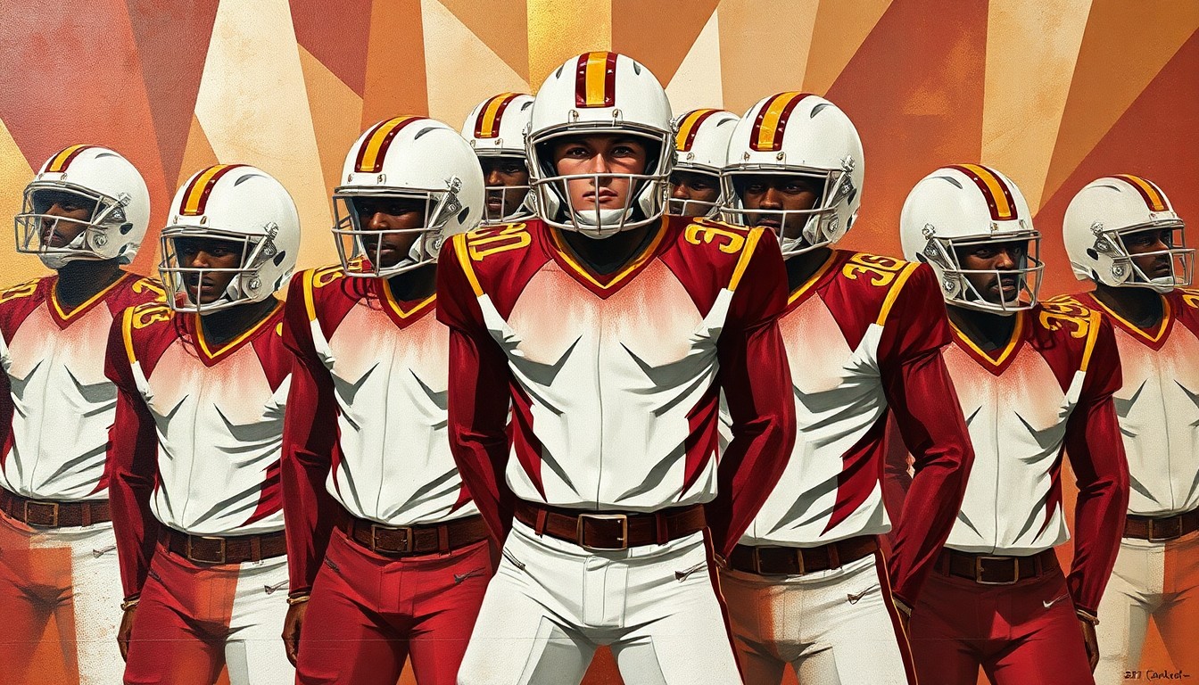 A cubist, geometric illustration depicting the various design elements of the Commanders' new uniforms, including the burgundy and white color scheme, block numbering, and sleeve striping, all broken down into sharp, overlapping planes.