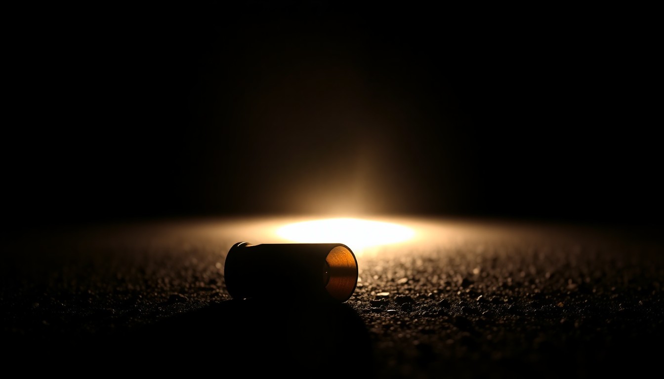An extreme close-up photograph of a single spent shell casing on the ground, lit by a harsh, direct camera flash against a pitch-black background, conceptually representing the violence and investigation behind a teen's murder.