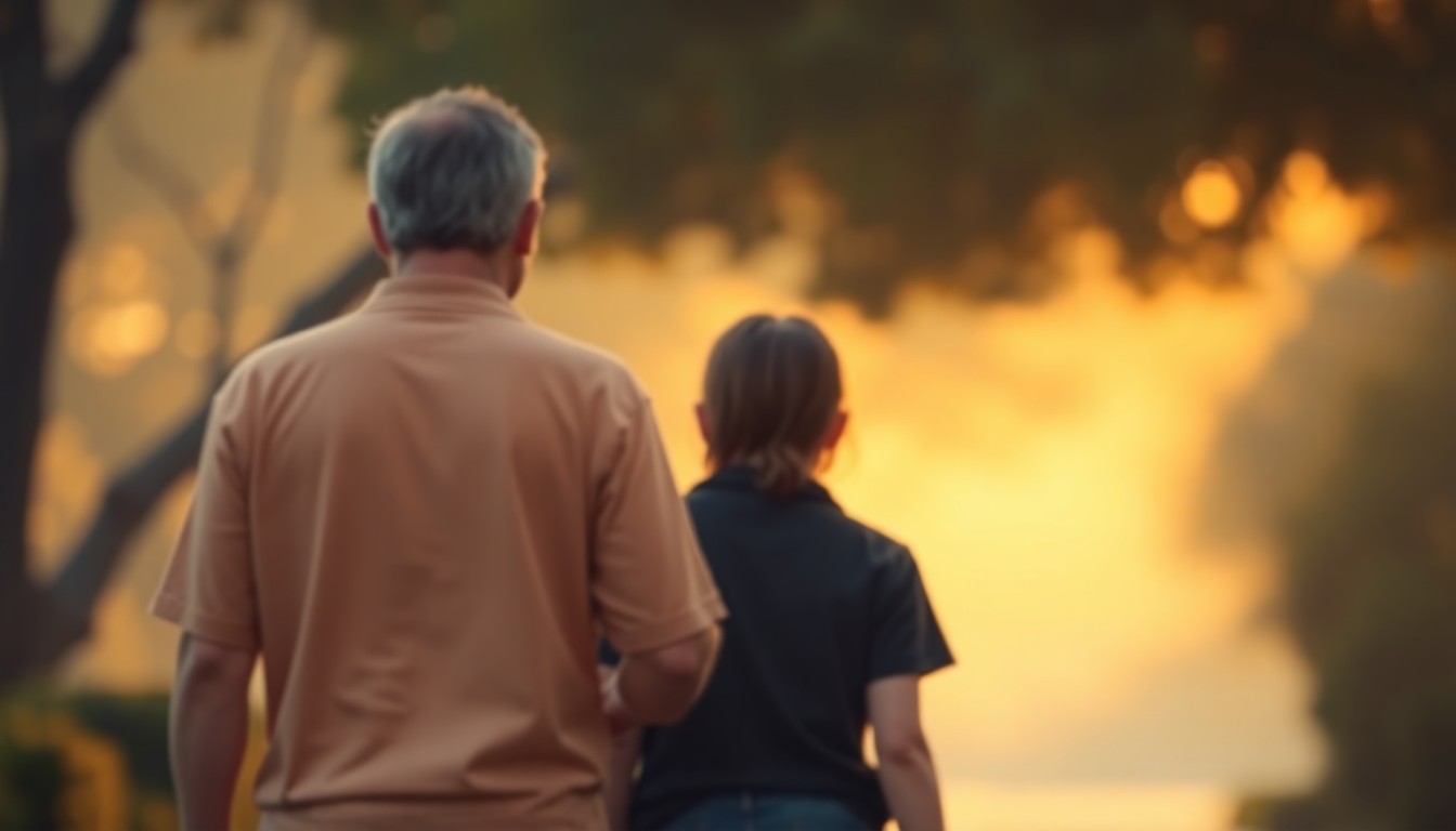 A blurred, atmospheric photograph in soft, warm tones showing the silhouettes of a parent and adult child walking together, their faces obscured but their body language conveying a sense of care and connection.