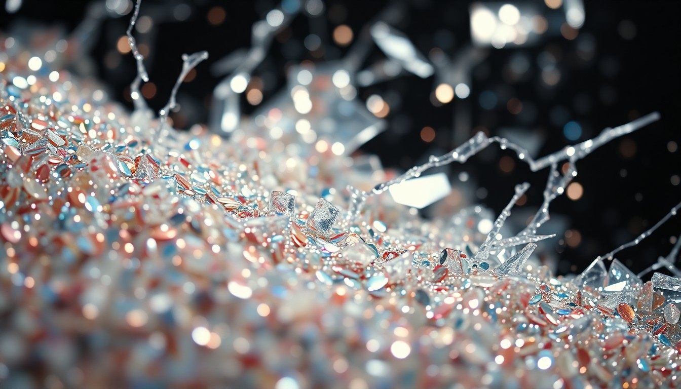 An abstract close-up image featuring a dramatic composition of glittering sequins and shattered glass, conceptually representing the glamour and intensity of Martha Stewart's career.