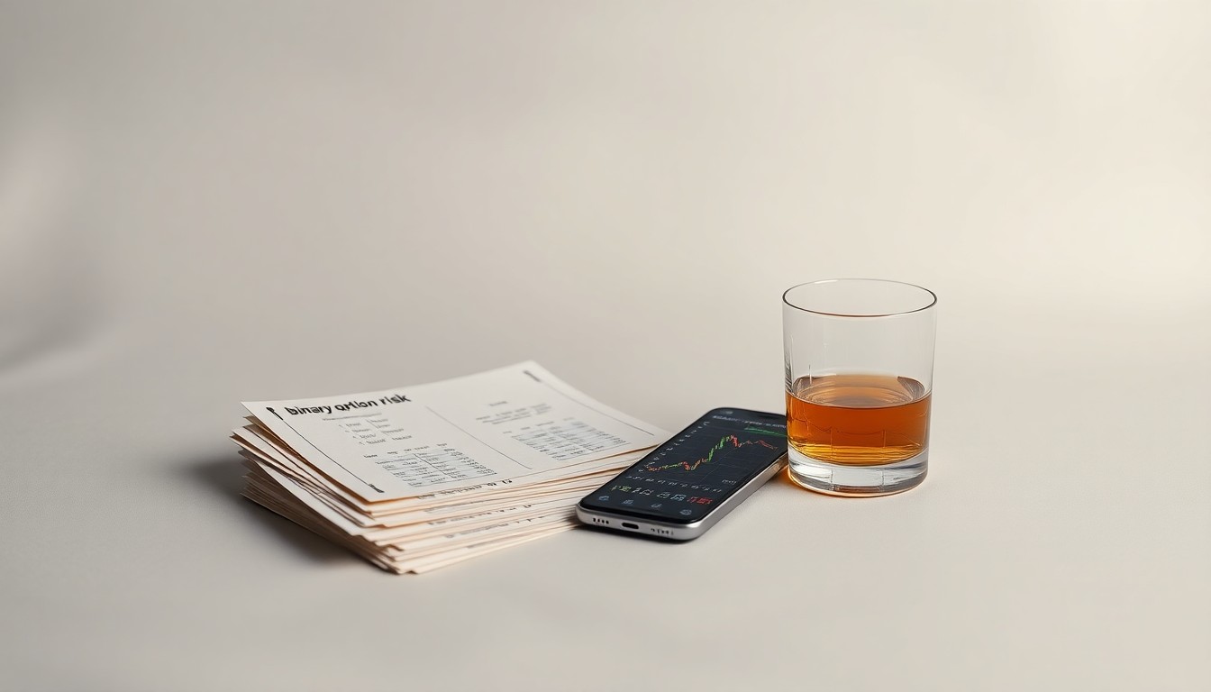 A high-end, photorealistic studio still-life photograph featuring a stack of binary option contracts, a smartphone displaying real-time market data, and a glass of whiskey on a clean, monochromatic background, conceptually representing the abstract concepts of financial risk, speculation, and the monetization of popular culture.