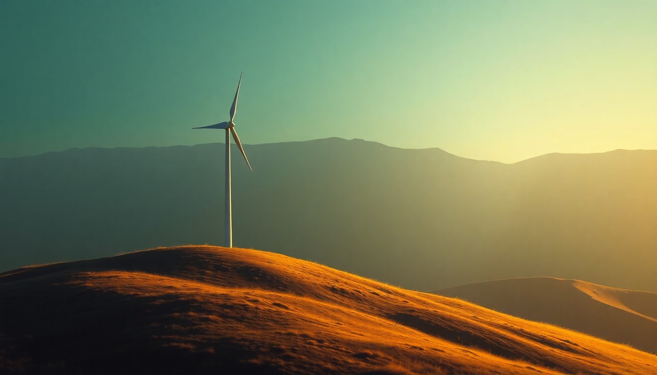 A serene, painterly image of a lone wind turbine on a hilltop, its blades still in the warm glow of the setting sun, conveying a sense of uncertainty and transition around the state's climate policies.