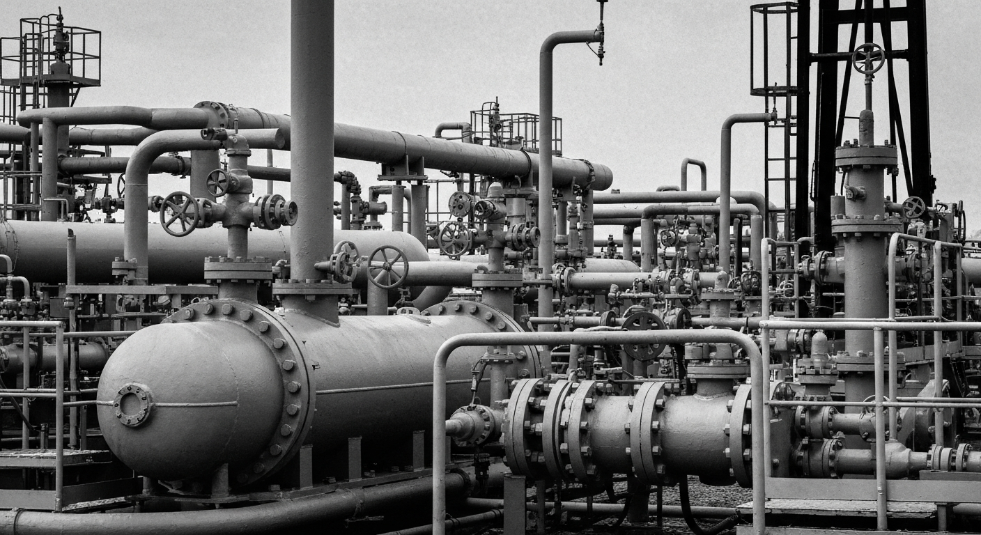 A high-contrast, close-up image of industrial pipes, valves, and other equipment used in natural gas processing, conveying the physical scale and complexity of the industry.