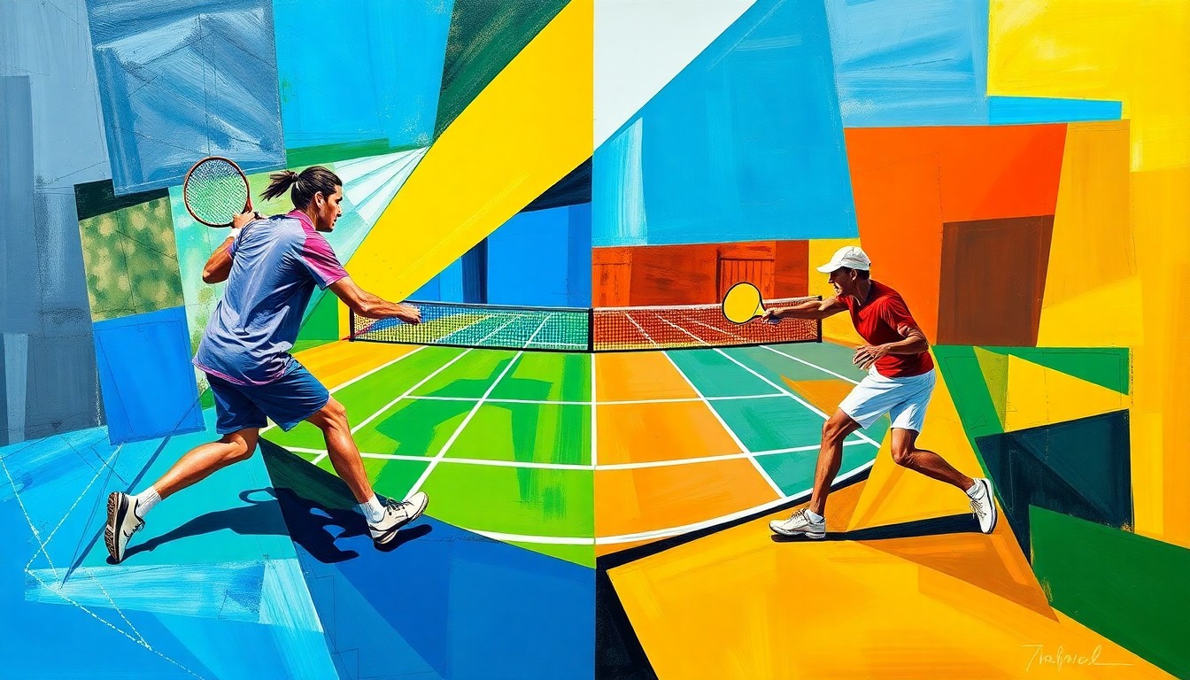 A fragmented, geometric painting in bold colors depicting overlapping scenes of a tennis match and a pickleball game, conveying the dynamic energy and physical intensity of the two sports.
