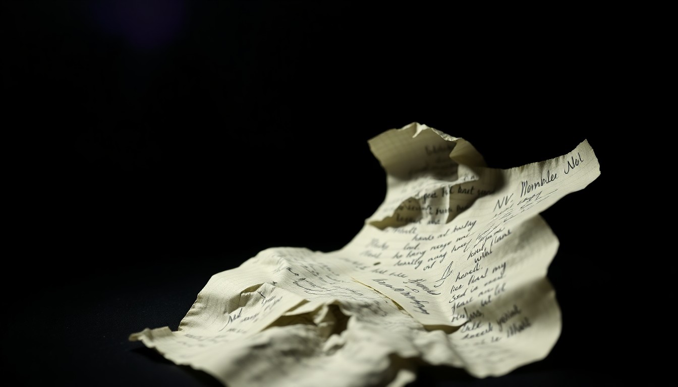 An extreme close-up photograph of a crumpled, discarded piece of paper with handwritten notes, lit by a harsh, direct camera flash against a pitch-black background, conceptually representing the personal turmoil behind a high-profile domestic violence incident.