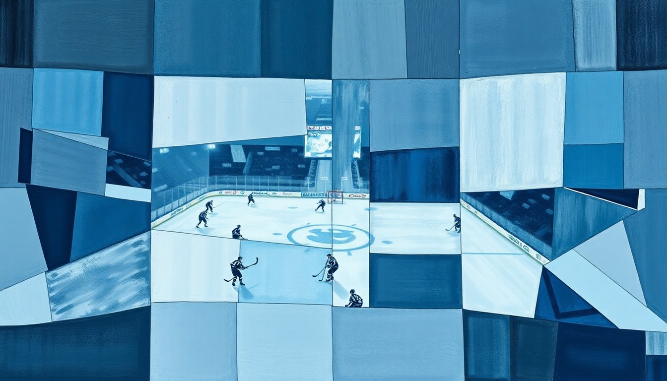 A cubist-style painting depicting a hockey game or match broken down into sharp, overlapping geometric shapes in muted blues, greys, and whites, conceptually representing the fractured state of the Rangers organization.