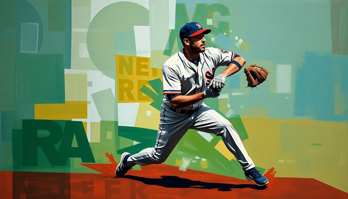 A cubist, geometric painting depicting the dynamic motion of a baseball player, with their form fractured into overlapping planes of color and shape, capturing the energy and athleticism of the sport.