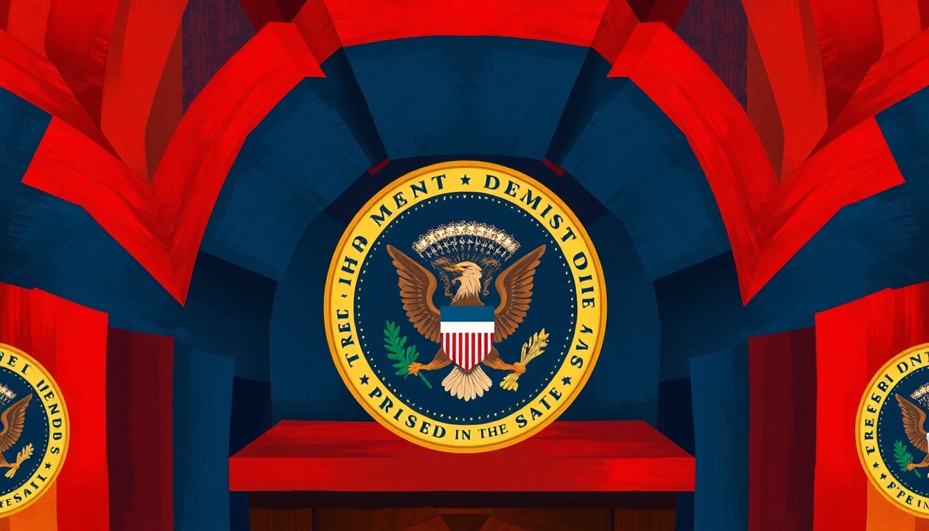 A dynamic, abstract painting featuring a fragmented podium with the presidential seal, rendered in bold, overlapping strokes of red, blue, and gold, conveying the turbulent political debate surrounding the war.