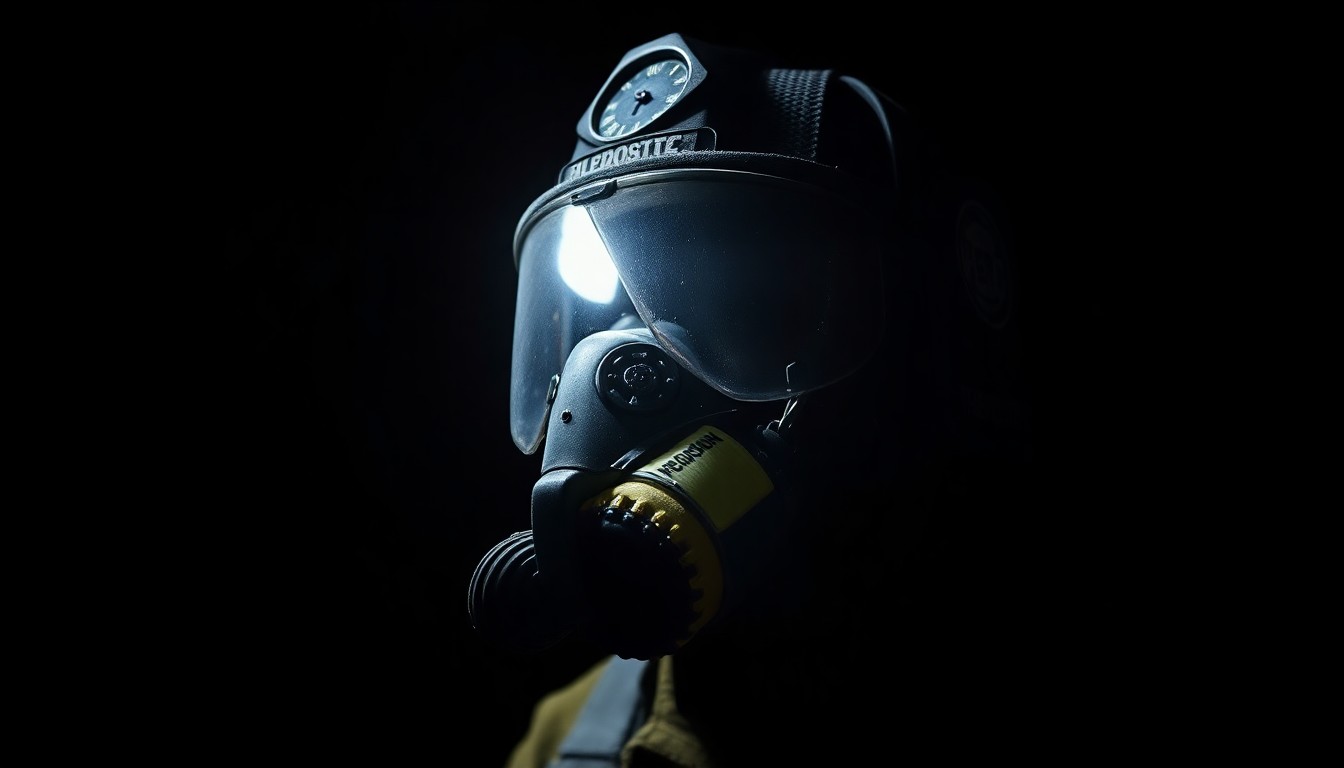 An extreme close-up photograph of a firefighter's damaged breathing apparatus, with the harsh lighting and stark black background creating a gritty, investigative aesthetic.