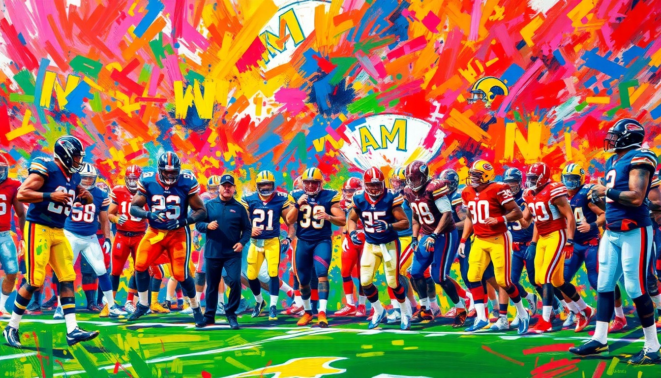 A dynamic, colorful painting with bold, energetic brushstrokes depicting the chaos and intensity of an NFL sideline, with players and coaches blending into the scene.