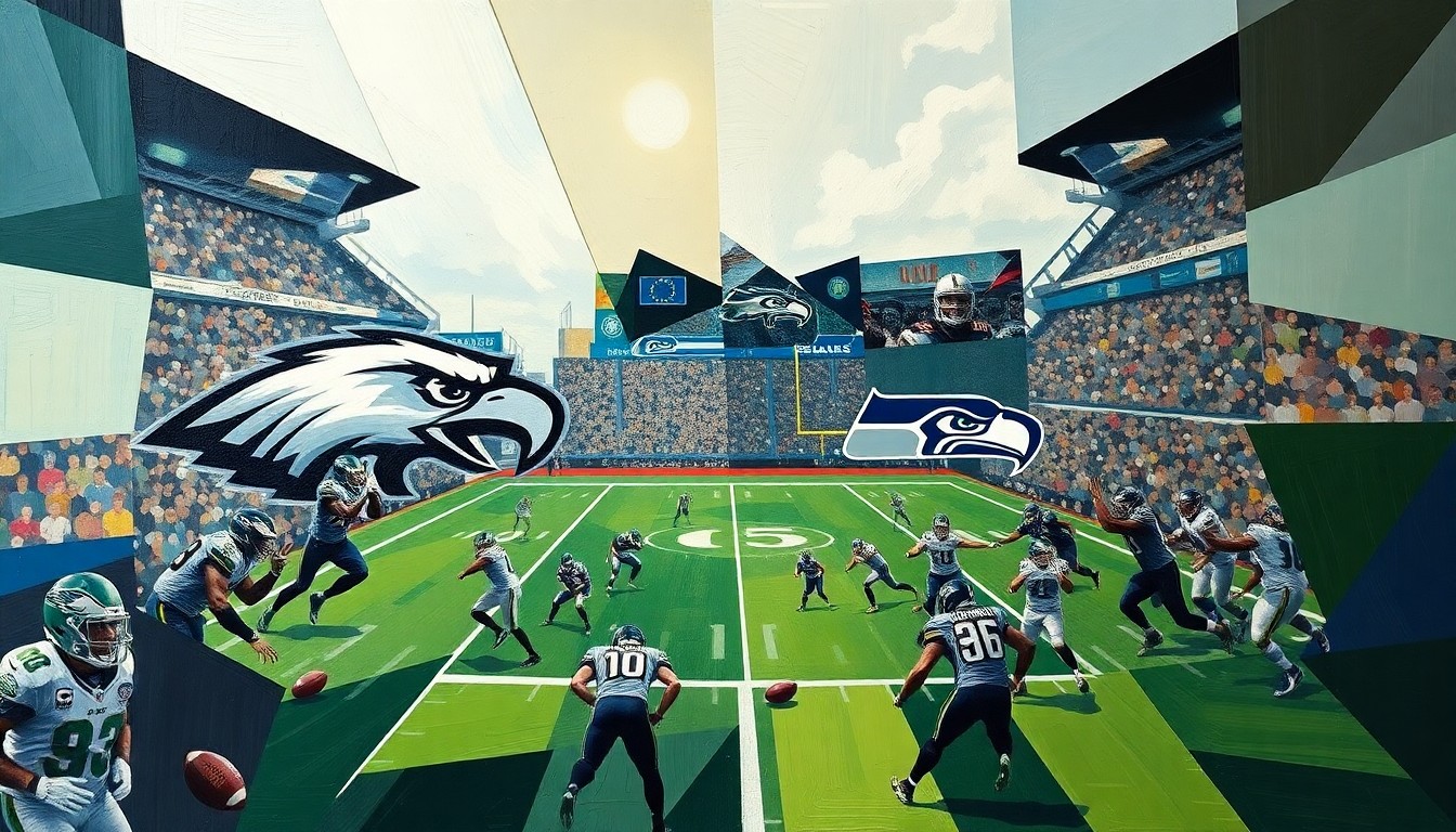 A fragmented, geometric painting depicting football players in motion, with sharp, overlapping shapes and planes representing the dynamic changes in the Philadelphia Eagles' wide receiver group.