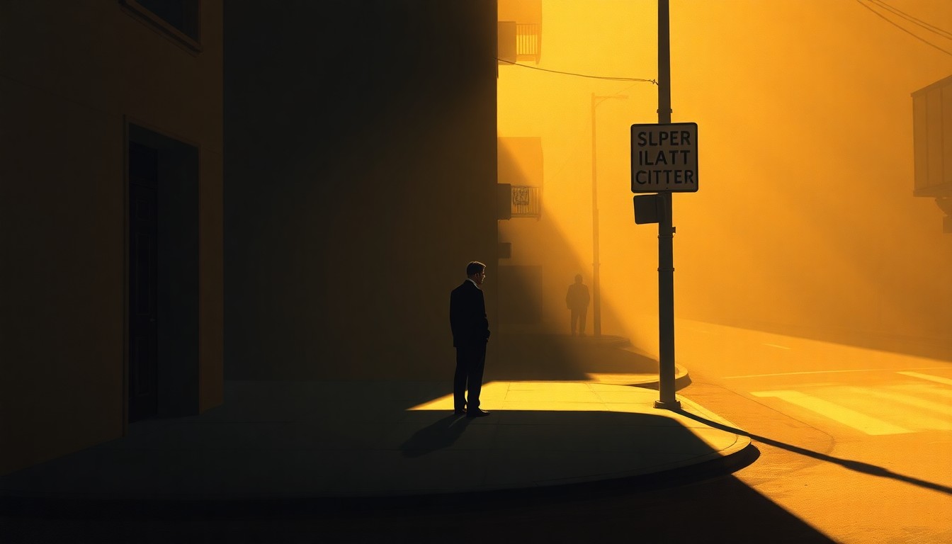 A serene, painterly scene of a lone politician standing on a city street corner, the warm sunlight casting deep shadows across the pavement and buildings, conveying a sense of quiet contemplation and the weight of political ambition.