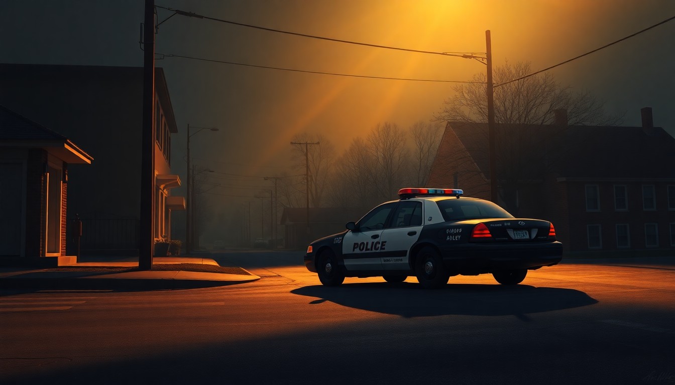 A moody, cinematic painting of a solitary police car parked on a shadowy street, capturing the tense mood surrounding the local immigration enforcement agreement.