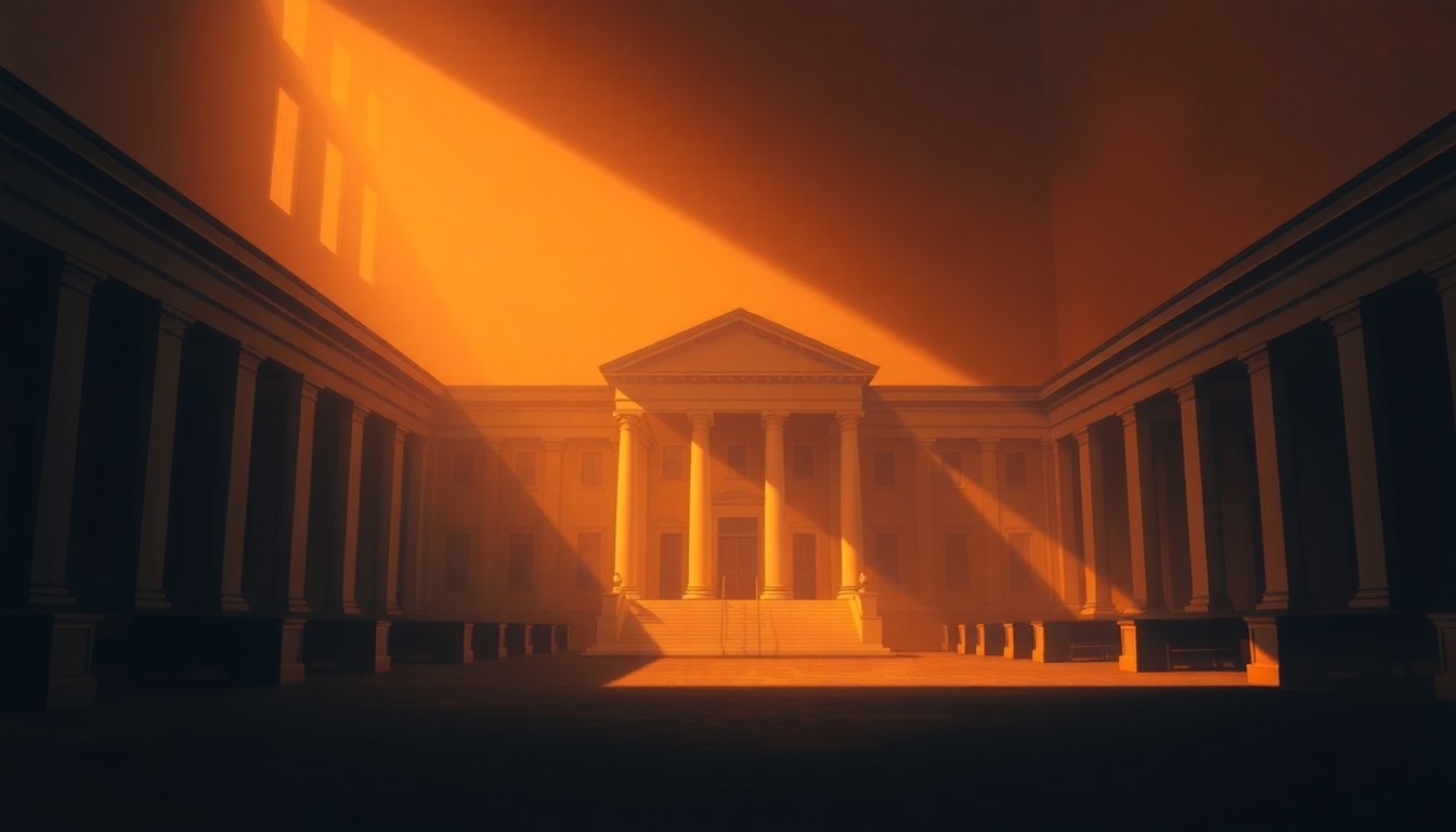 A dimly lit, cinematic painting of a government building or legislative chamber, with warm sunlight streaming in through the windows and deep shadows casting an air of contemplation and solemnity.