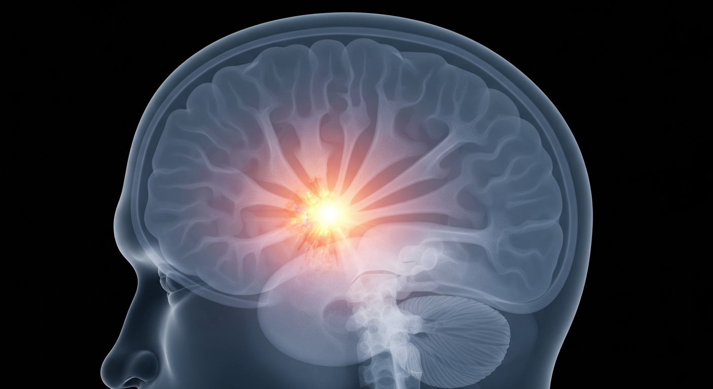 A translucent X-ray photograph showing the ghostly internal structure of a human brain, with a glowing, damaged area indicating the site of a stroke.