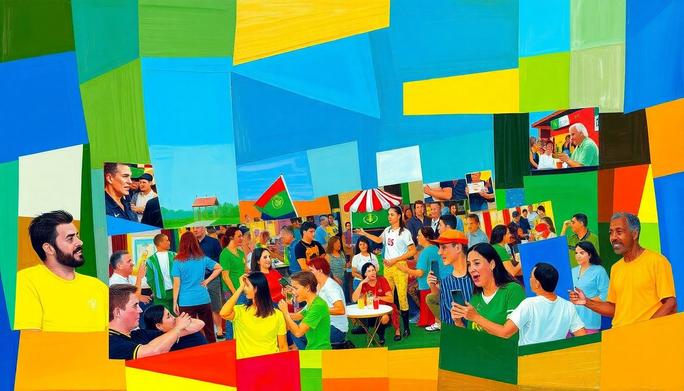 A cubist-style painting depicting a fragmented, multi-angled view of a lively World Cup tailgating scene, with vibrant colors and sharp geometric shapes representing the energy and excitement of the event.