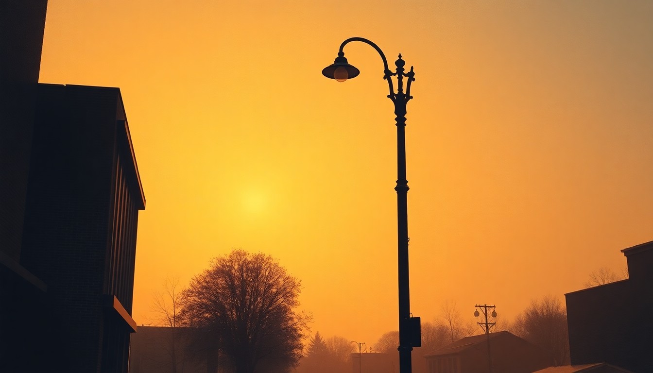 A serene, cinematic painting of a single city street lamp post casting long shadows on the pavement, conveying a sense of quiet contemplation about the future direction of Lexington.