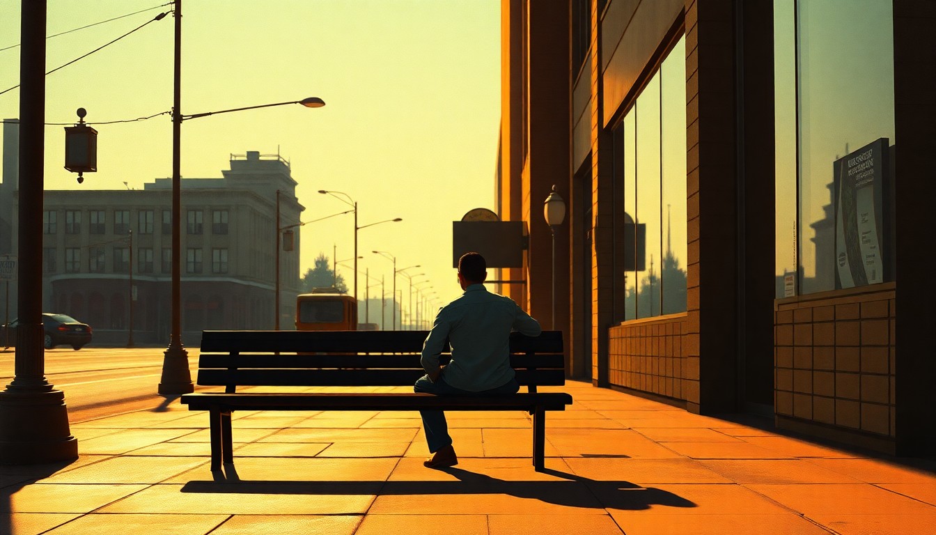 A pensive, solitary figure sits on a bench in a quiet, sunlit urban setting, capturing the melancholy tone of a community's unfulfilled hopes for peace.