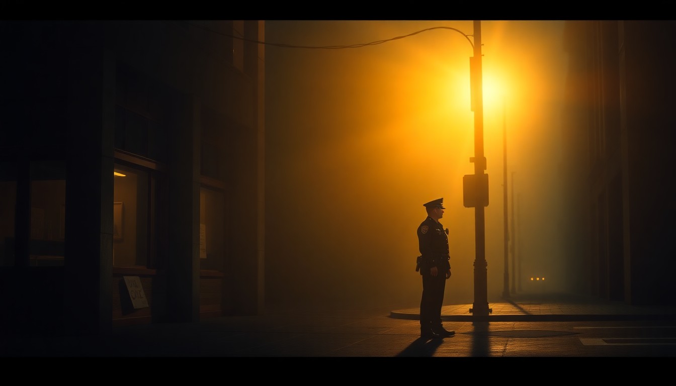 A cinematic painting of a solitary police officer standing on a dimly lit urban street corner, with warm diagonal sunlight and deep shadows enveloping the scene, conceptually illustrating the tensions over police transparency and identity.