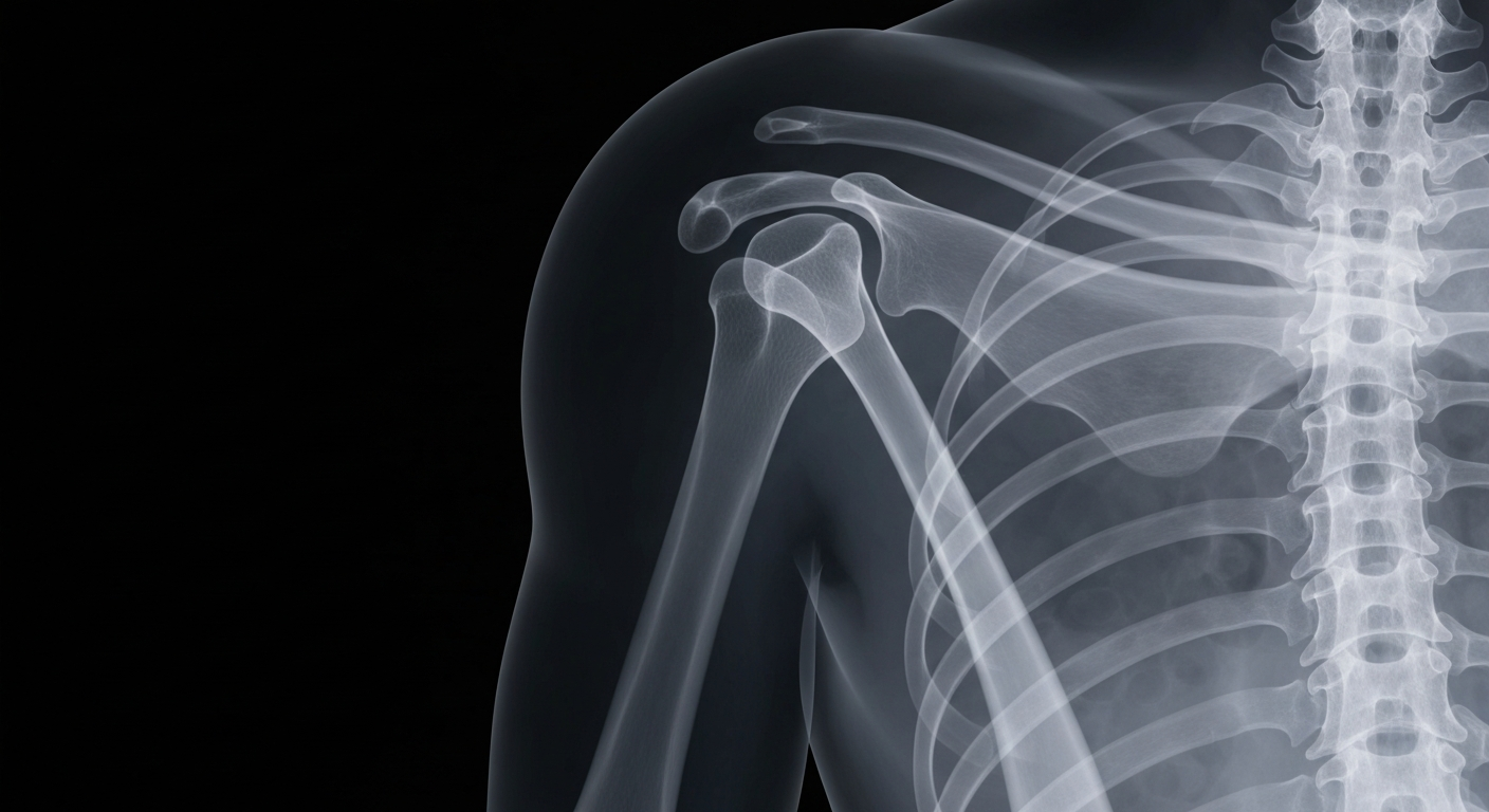 A ghostly, translucent X-ray photograph of a human clavicle, the bone structure illuminated against a dark background, conveying the clinical yet visually striking nature of the subject matter.