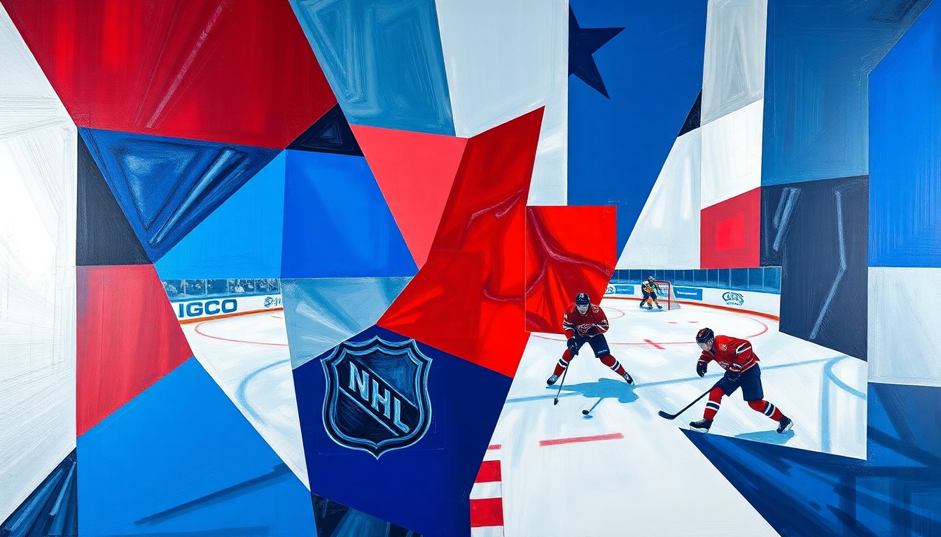A cubist, geometric painting depicting an abstract hockey game, with sharp, overlapping planes of color representing the chaotic nature of the upcoming NHL offseason.