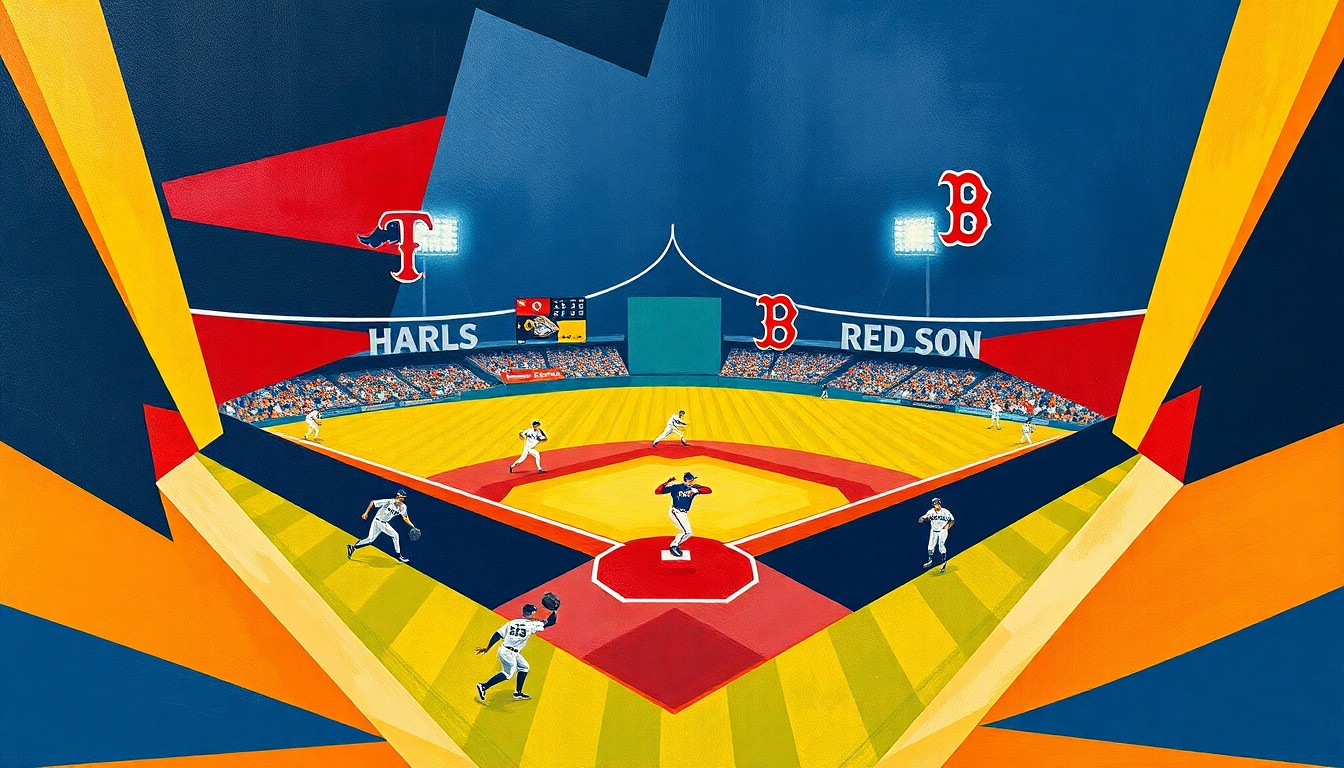 A fractured, multi-perspective painting breaking down a baseball game between two teams into sharp, overlapping geometric shapes in a vibrant color palette.