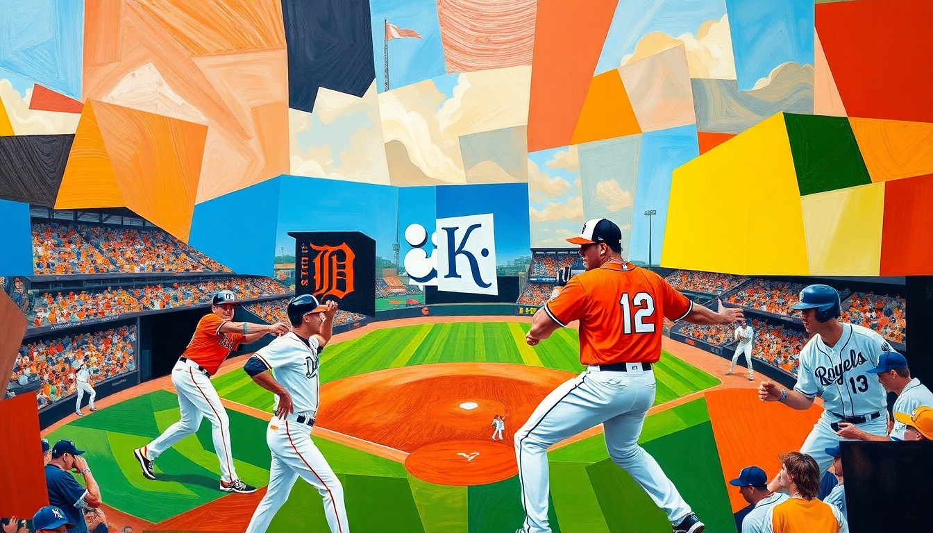 A cubist, geometric painting depicting the action of a baseball game between the Detroit Tigers and Kansas City Royals, with the players and field fragmented into overlapping planes of bright, contrasting colors.