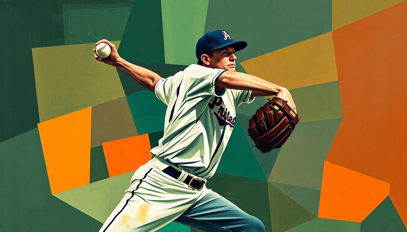 A cubist, geometric painting depicting a baseball pitcher's windup and delivery broken down into sharp, overlapping planes of forest green, navy blue, and burnt orange.