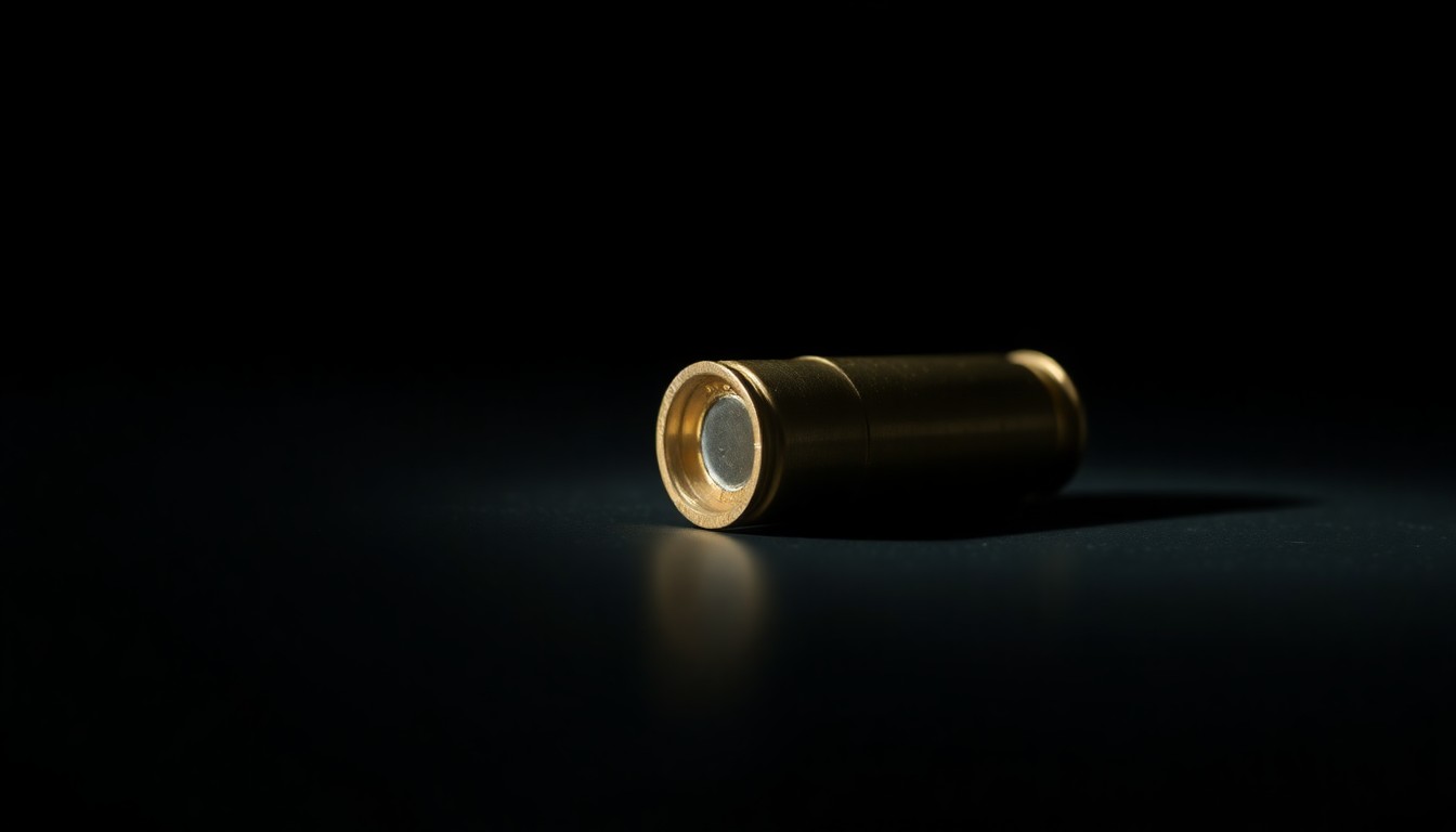 An extreme close-up photograph of a single spent bullet casing on a dark surface, lit by a harsh, direct camera flash, conceptually representing the stark, gritty details of a police shooting investigation.