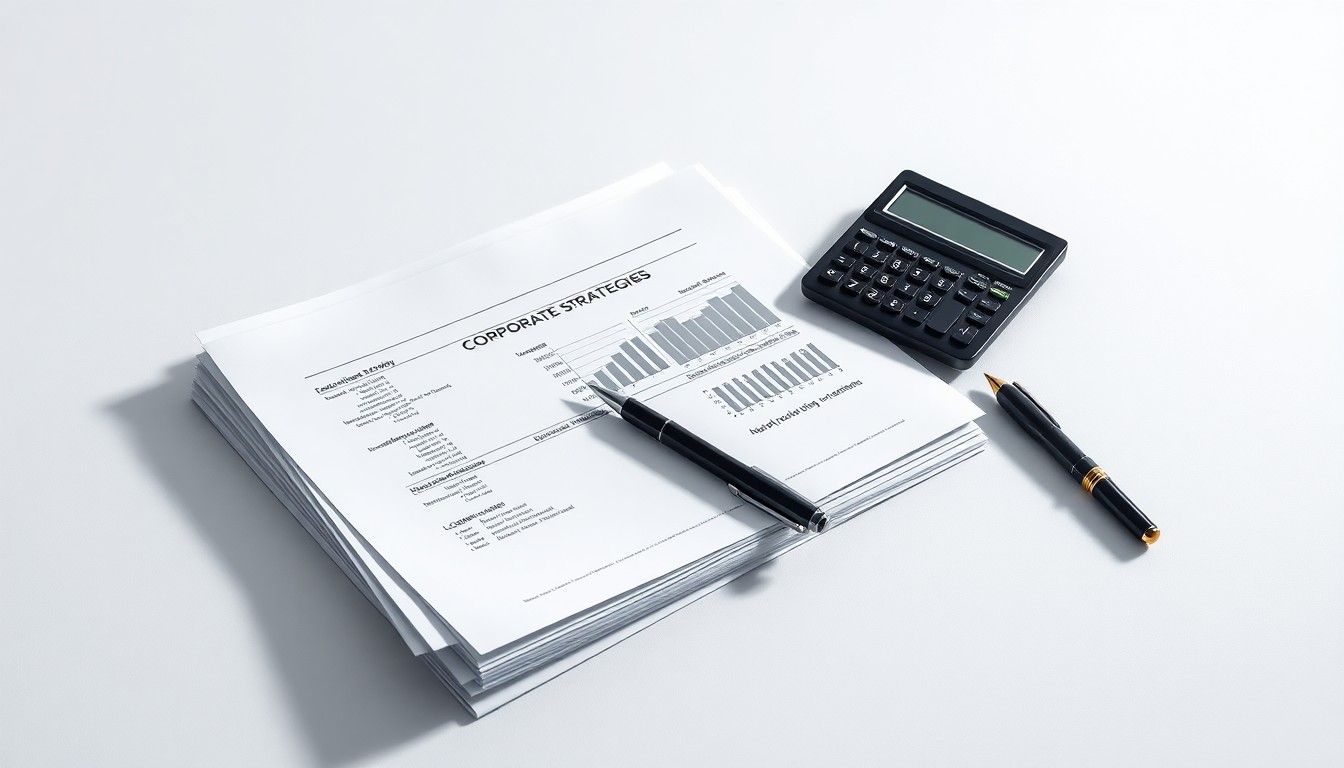A high-end, photorealistic studio still-life photograph featuring a stack of financial reports, a calculator, and a pen arranged elegantly on a clean, monochromatic background. The objects use dramatic lighting and shadows to symbolize the abstract corporate strategies that have allowed companies to maintain strong profits during economic uncertainty.