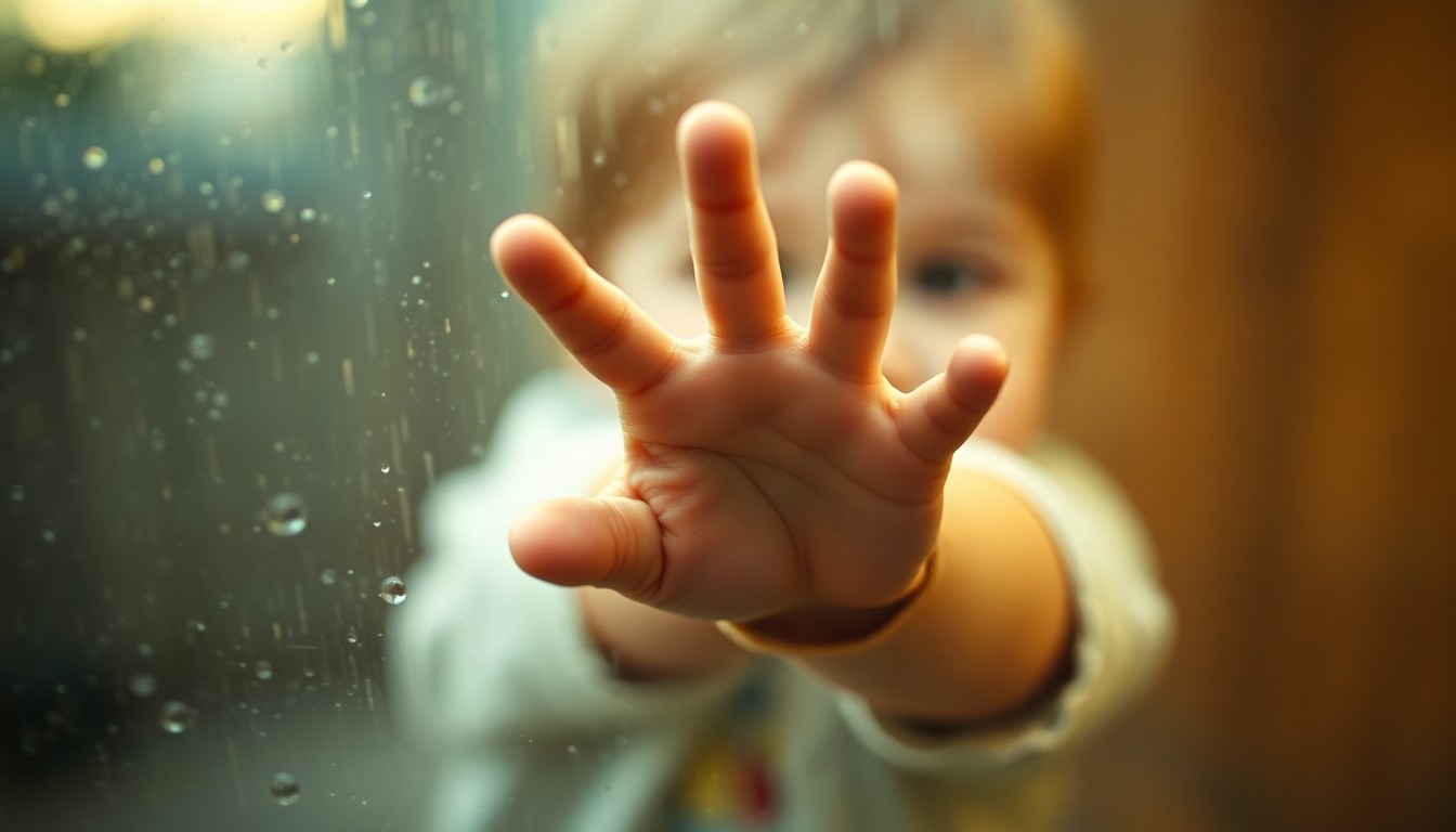 An abstract, out-of-focus photograph depicting a child's hand reaching out, conveying the fragility and need for protection of young victims of abuse.