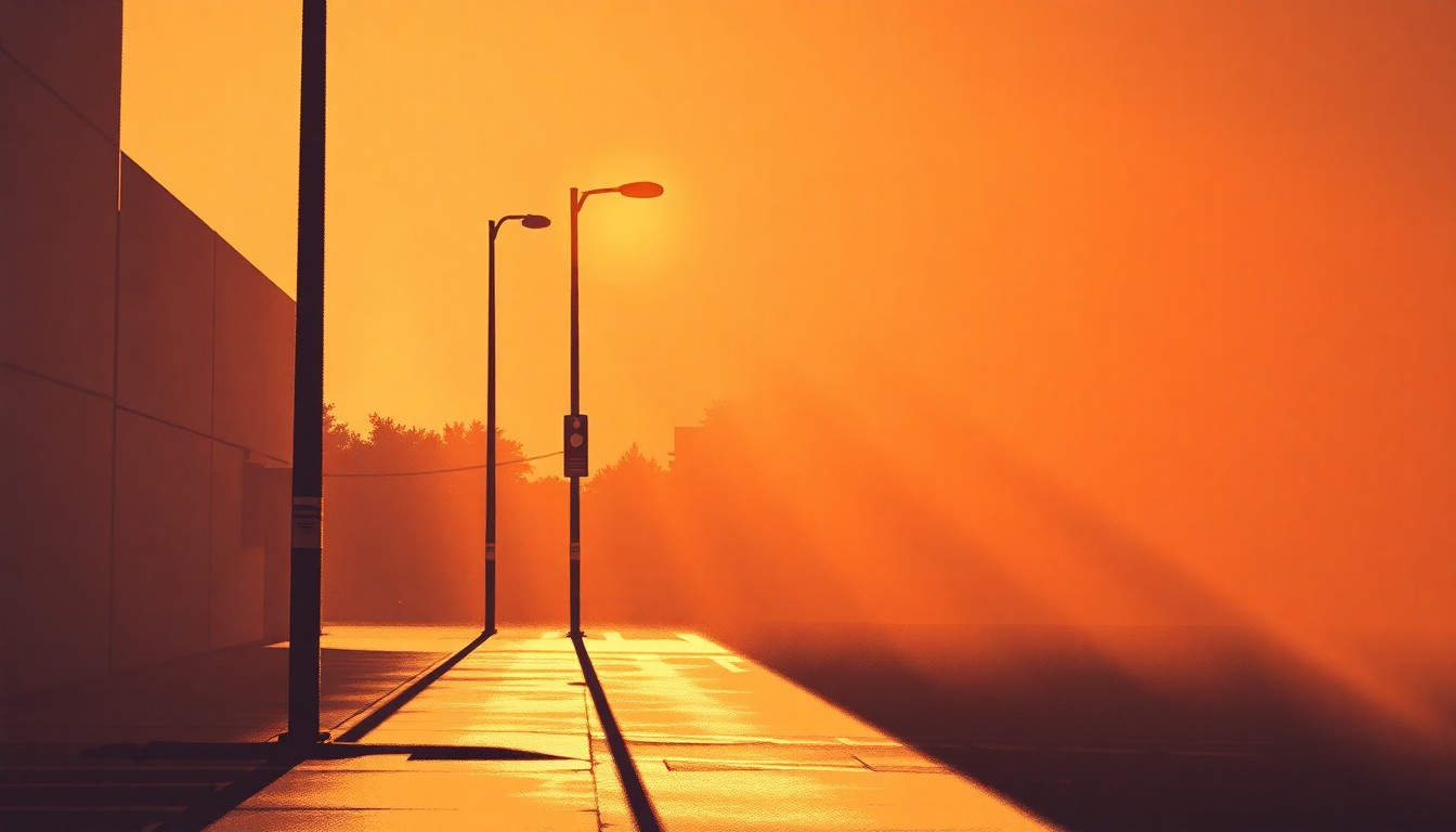 A serene, cinematic painting of a solitary city street lamp post bathed in warm, diagonal sunlight and deep shadows, conveying a contemplative mood about urban infrastructure investment.