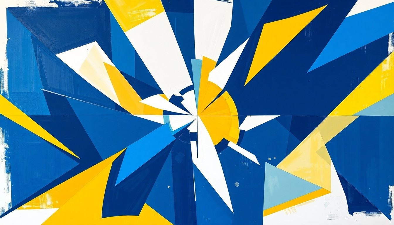 A fractured, multi-perspective painting in vibrant colors, breaking down a soccer match into sharp, overlapping geometric planes to conceptually represent the Switchbacks' upset victory over Sporting Kansas City.