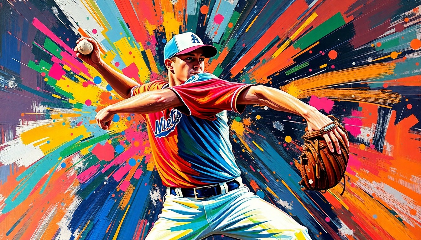 An abstract, energetic painting featuring bold, sweeping brushstrokes in neon shades of blue, orange, and green, capturing the dynamic motion and intensity of a high school baseball pitcher in action.