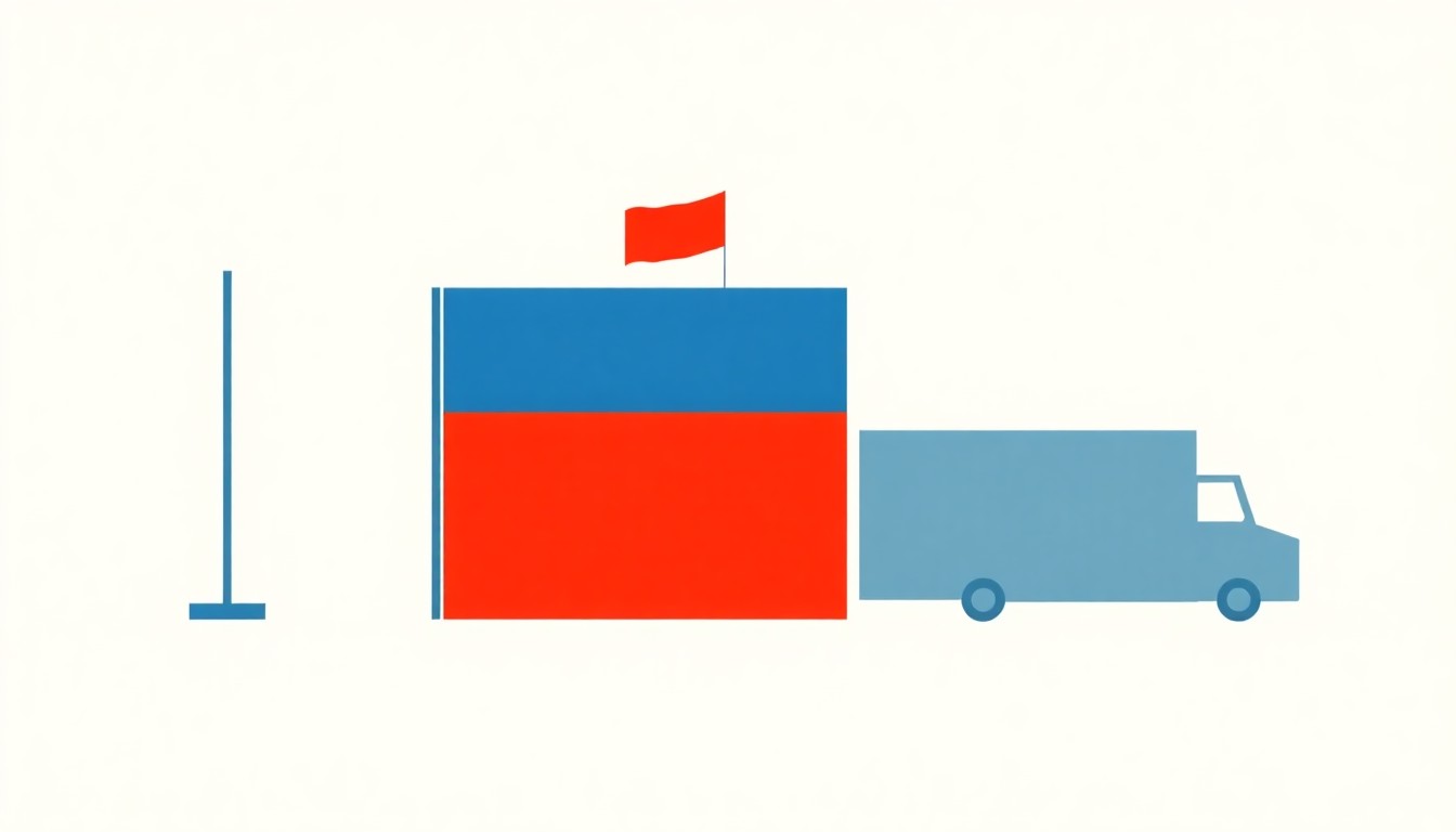 A vibrant abstract illustration composed of overlapping triangles and rectangles in shades of blue, red, and yellow, conceptually representing the scale and complexity of a major government tariff refund initiative.