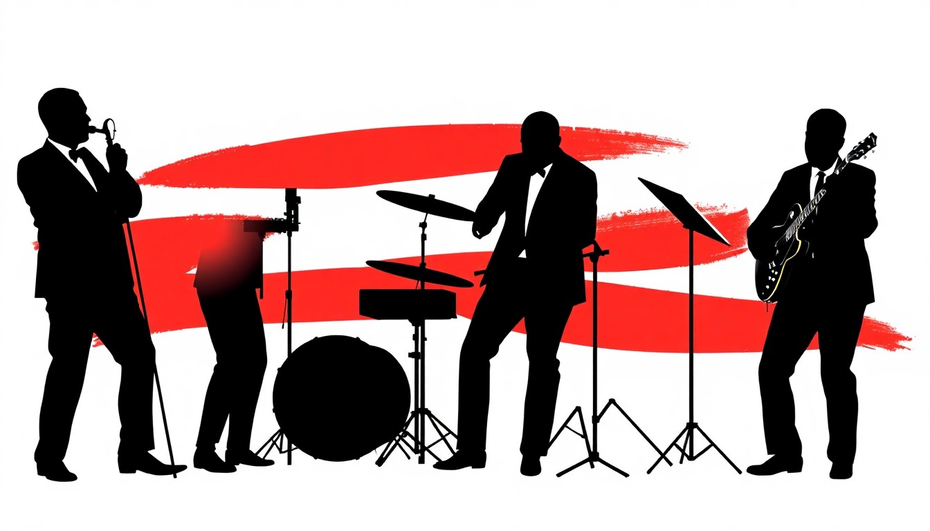 An abstract, minimalist illustration using bold black shapes and bright red and white colors to conceptually represent a jazz band performance.
