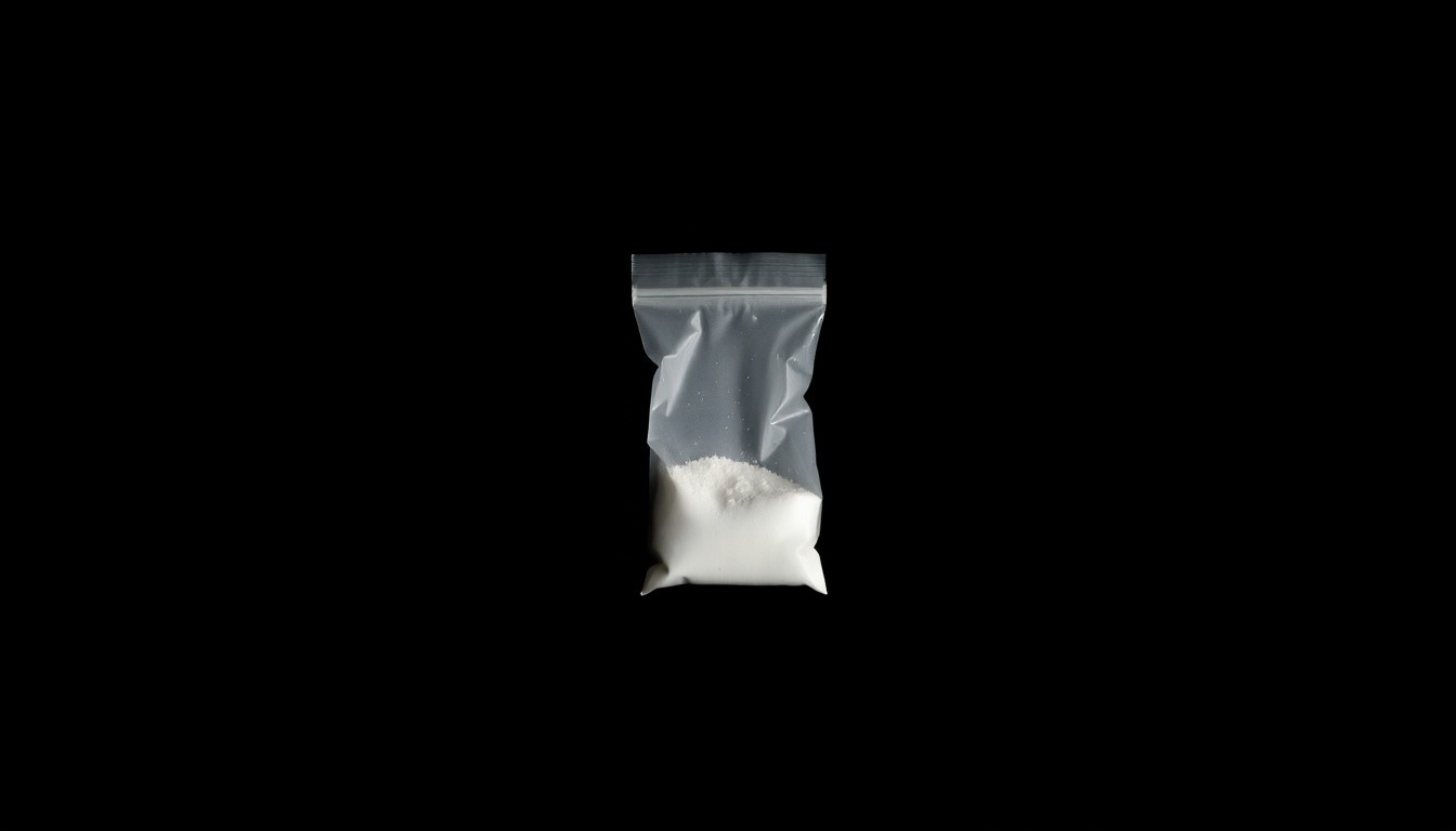 An extreme close-up of a small plastic bag containing a white powdery substance, dramatically lit by a harsh camera flash against a dark background, conceptually illustrating the drug-related charges in this case.