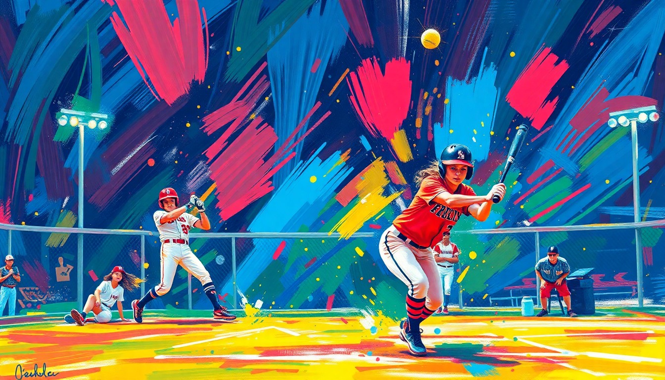 An abstract, expressionist painting featuring bold, neon-colored brushstrokes and splatters that capture the energy and competitive spirit of a high school softball game.